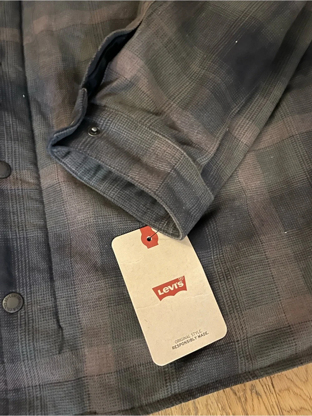 Levis Sherpa Lined Flannel Shirt Jacket Mens XXL New Brown Plaid Hooded Shacket - Picture 3 of 7